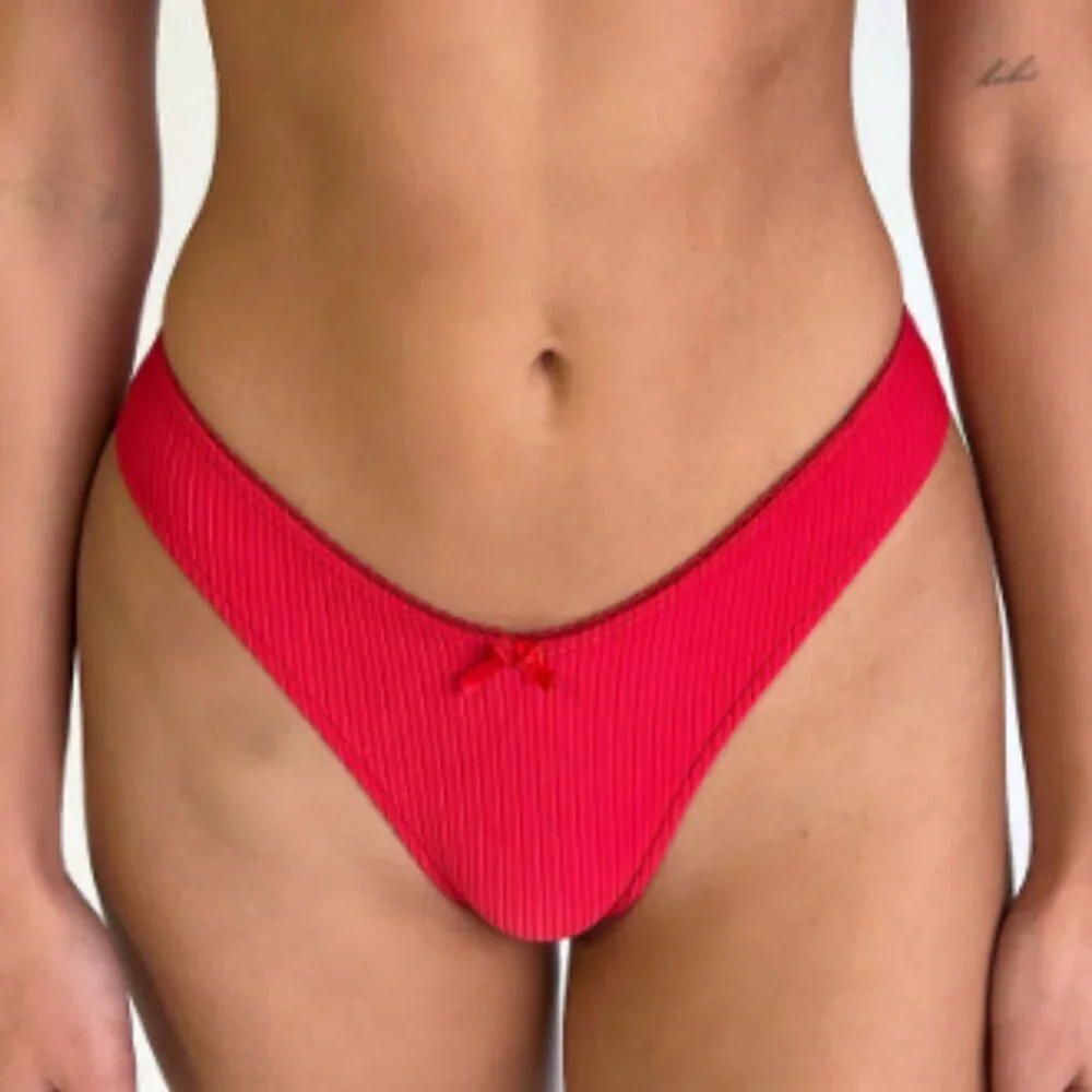New! Frankie's Bikinis Vibrant Red Enzo Ribbed Cheeky Bikini Bottom 1485